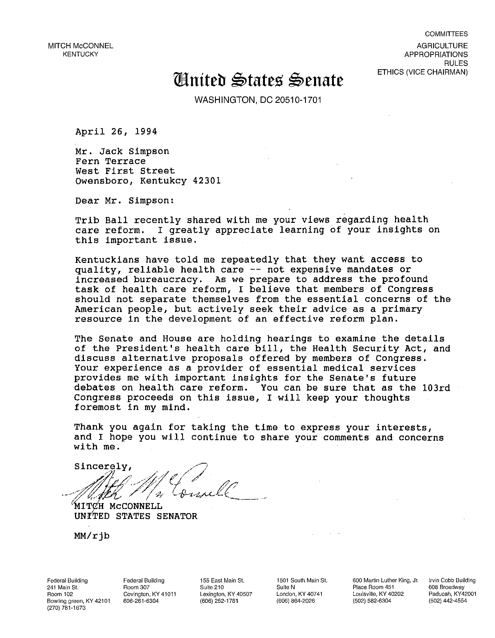 Letter from Senator McConnell